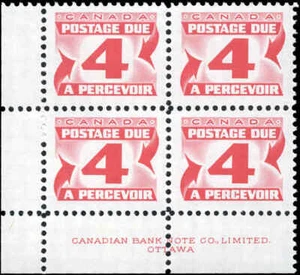 Canada 4c Scott #J31iii Mint NH F-VF HB Block of 4 1973-74 Postage Due Stamps - Bild 1 von 2