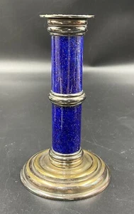 Puiforcat France Silver Plate Candlestick Blue Faux Lapis Lazuli Enamel 6.25” - Picture 1 of 5