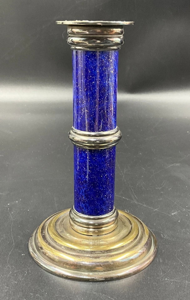 "Candelabro de plata Puiforcat Francia azul imitación lapislázuli esmalte 6,25""" Foto 1 de 4