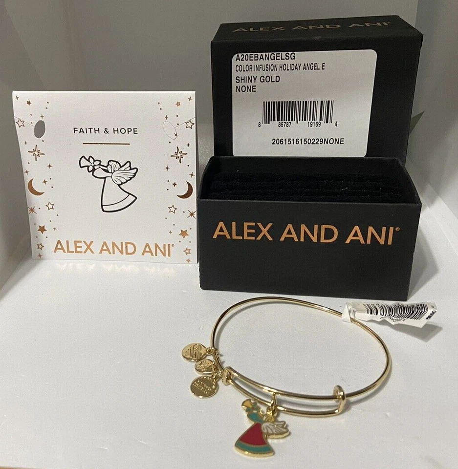 Alex and Ani Shiny Gold Red Green Enamel Holiday Angel Expandable Wire Bracelet