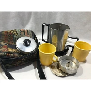 Vintage camping coffee set, percolator pot and cups, travel set in canvas bag - Picture 1 of 10