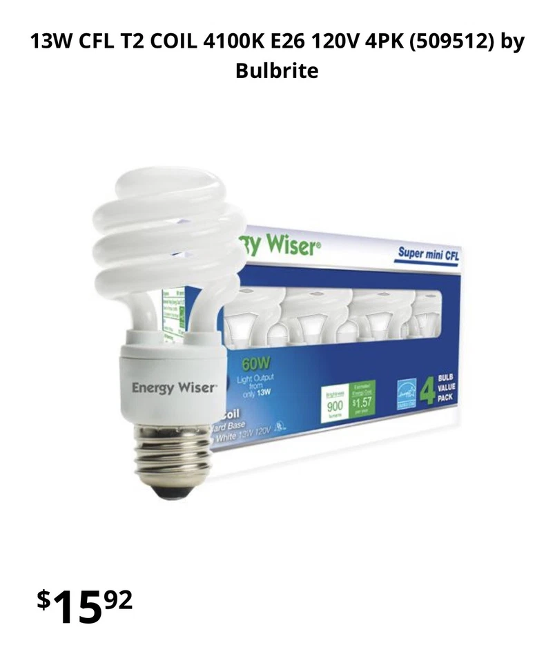 13W CFL T2 COIL 4100K E26 120V 4PK (509512) by Bulbrite - Image 1 of 3