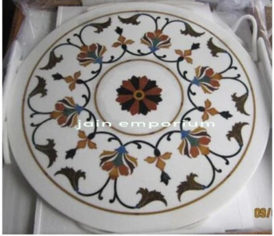 Mesa de centro 13" mármol blanco piedras semipreciosas incrustaciones redondas lapislázuli trabajo Foto 1 de 3