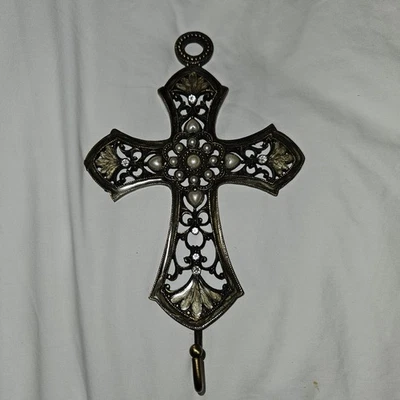 Pergaminos de perlas estilo gótico cruz bronce metal fundido rústico colgante de pared Foto 1 de 4
