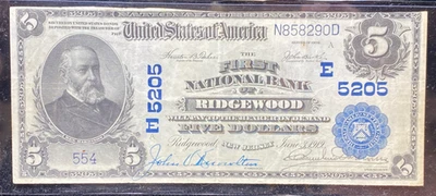 1902 FIRST NATIONAL BANK RIDGEWOOD NEW JERSEY $5 NATIONAL BANKNOTE #N858290D - Image 1 of 4