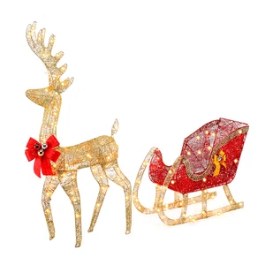 Christmas Lighted Golden Elk Deer Sled Sleigh Reindeer Xmas Decor LED Lights - Picture 1 of 21