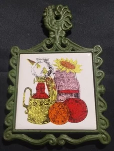 Trivet Cast Iron and Ceramic Tile Fruit Floral Kitchen VTG Rooster Cast Kingkong - Picture 1 of 5