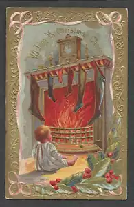 POSTAL DE COLECCIÓN SALUDO DE NAVIDAD CON NIÑO POR CHIMENEA EN RELIEVE SIN PUBLICAR - Imagen 1 de 1