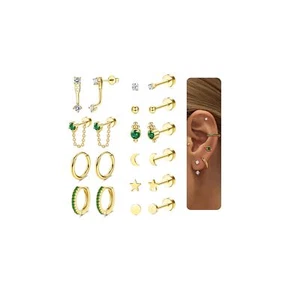 Dainty Gold Flat Back Earrings Hypoallergenic Cartilage Earring Sets for Mult... - Picture 1 of 9