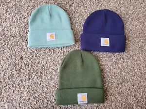 Lot of 3 - Carhartt Cuffed Beanie Blue Green Winter Hat Warm Soft Acrylic - Picture 1 of 2
