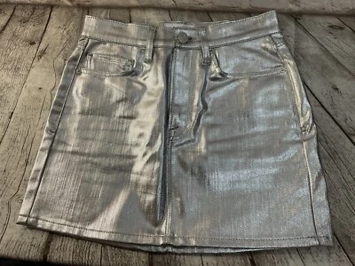 Frame Mini Skirt Sz 24 Denim Foil Metallic Silver Party Club Festival - Image 1 of 4
