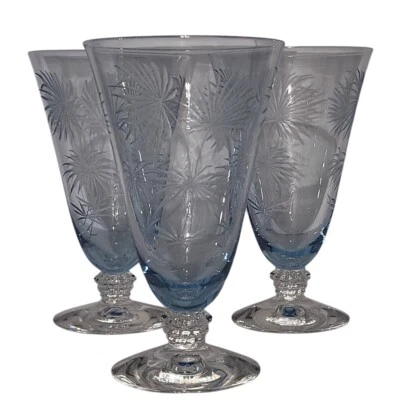 Винтажный Fostoria синий травлен депрессии льда чай стаканы листья дизайн набор из 3 - Изображение 1 из 4