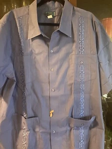 Guyabera-GENUINE Shirt-BLUE Mens XL Cuban Wedding Cigar 4 Pocket Embroider SHIRT - Picture 1 of 5