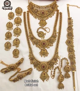 South Indian Matt Finish Gold Plated Bridal Jewellery Set With Belt & Hair Pins - Picture 1 of 10