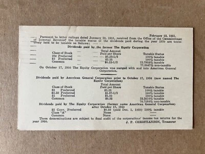 1951 The Equity Corp. (American General Corp.) Stocks Postal Card to Avon, NY - Image 1 of 2