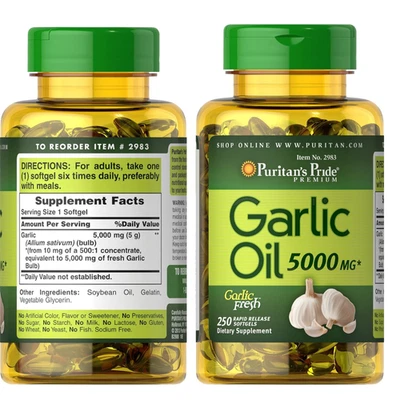 Puritan's Pride первоклассный чеснок свежий 5000 мг, 250 гелевых капсул с быстрым высвобождением - Изображение 1 из 4