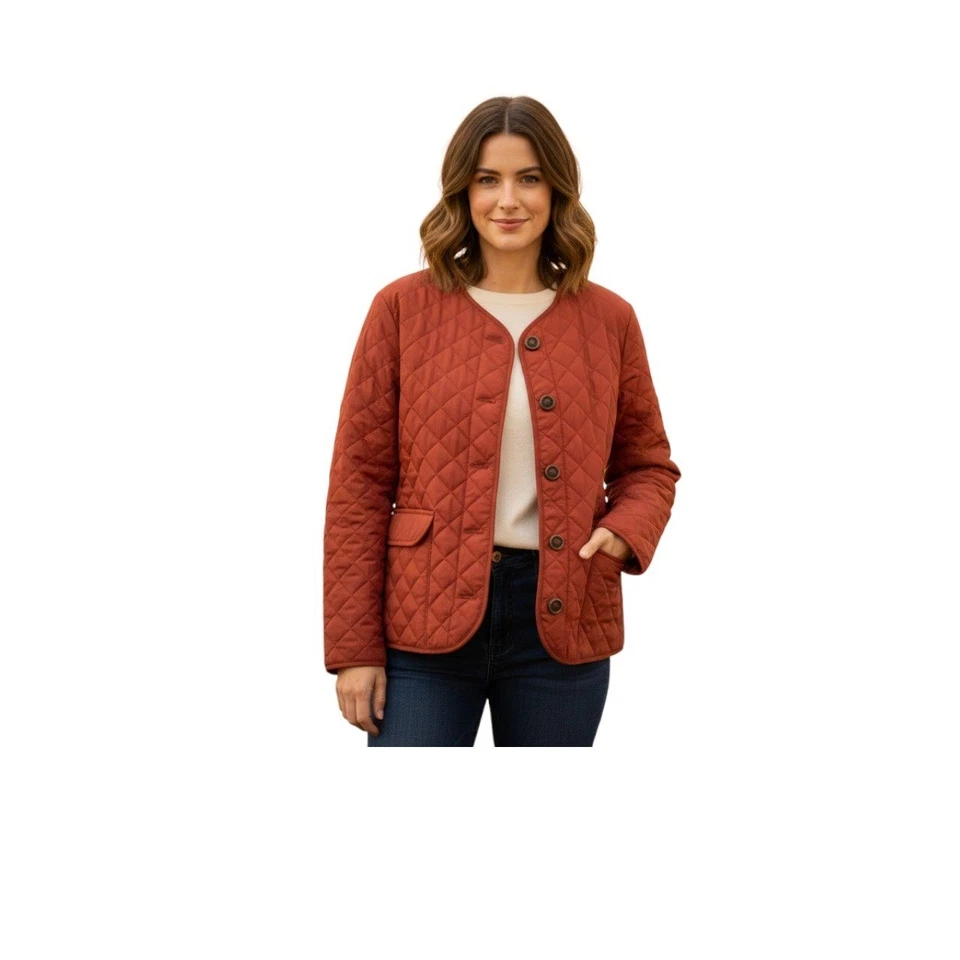 Chaqueta acolchada Croft & Barrow naranja óxido pequeña mediana botón frontal sin cuello Foto 1 de 4