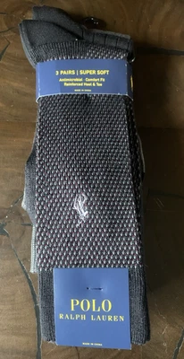 NUEVO CON ETIQUETAS Polo Ralph Lauren Vestido Calcetines Hombres Negro Patrón 3 Pares de Calcetines Súper Suaves Foto 1 de 4