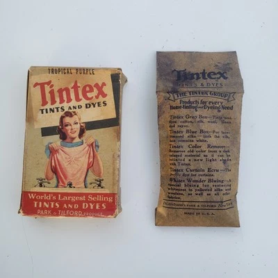Caja de tinte de tela negra Tintex pequeña vintage con contenido decoración de lavandería Foto 1 de 4