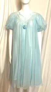 Vintage Rovel California Nylon Nightgown Poufy Chiffon Layer Blue Lace Size S - Picture 1 of 11