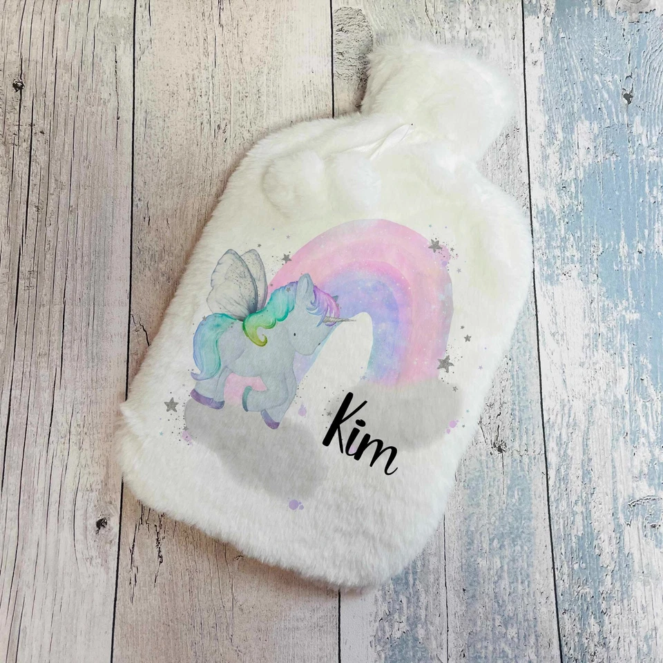JUST TOYS ONLINE Personalised Hot Water Bottle Faux Fur Cover Unicorn Rainbow Clouds Custom Gift