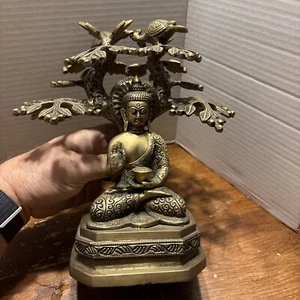 Budha under the Bodhi (Ficus) Tree Meditating Brass Statue Meditation Religion - Picture 1 of 24