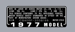 HONDA CB400F 1977 & Others HEADTUBE TAG / REPRO DECAL - Picture 1 of 1