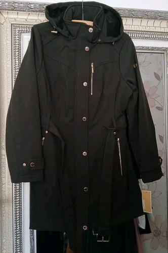 Nuovo cappotto con cappuccio MICHAEL KORS donna elegante oliva scuro cintura oro ferramenta UK M