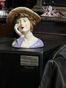 Lady Head Bust Figurine  Face Resting On Hand W Hat brown 5 In Tall - Picture 1 of 10