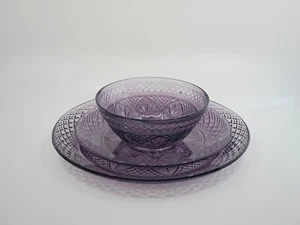 CRISTAL D'ARQUES DURAND ANTIQUE AMETHYST DINNER  SALAD PLATE BOWL PLACE SETTING - Picture 1 of 11