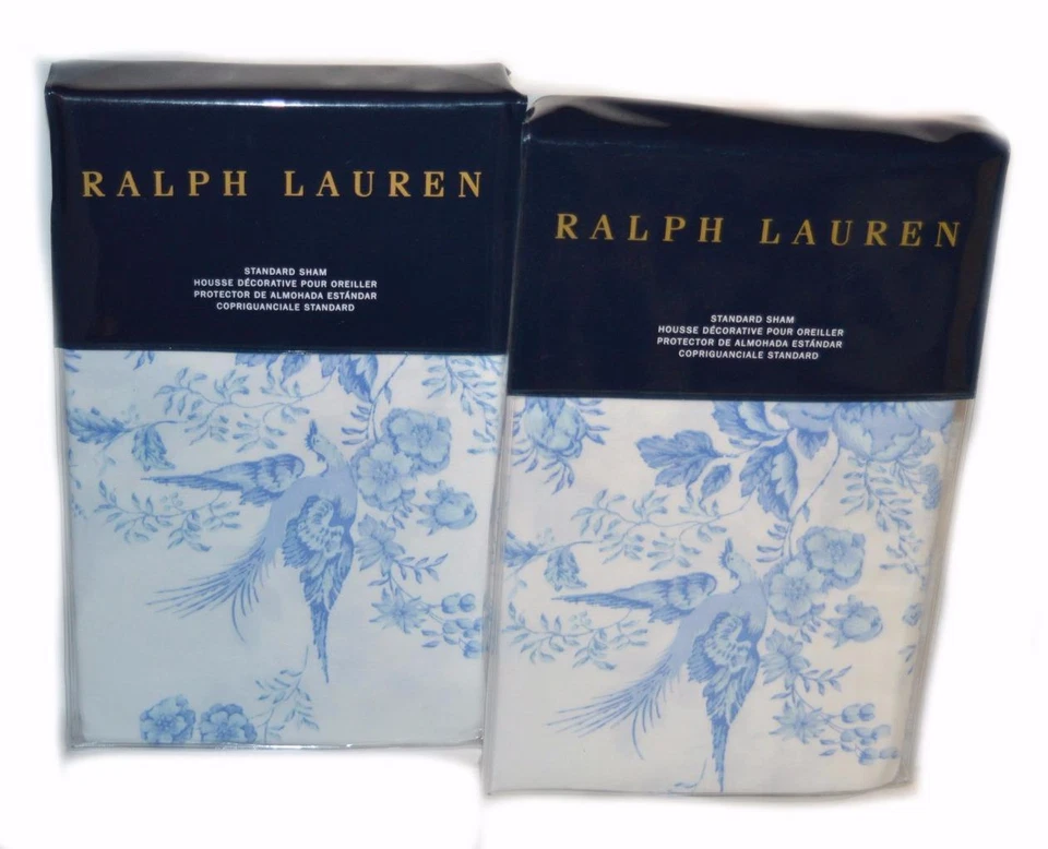 2 Ralph Lauren Dauphine Blue Floral Birds Standard Shams Archival Collection