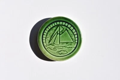 Antique Sailboat Art Pottery Round Tile Majolica Green Glaze Web Pebler Rare - Image 1 of 4