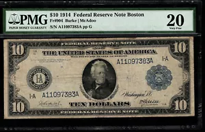1914 $10 Federal Reserve Note Boston Fr. #904 Burke/McAdoo PMG 20 VF (AJJ) - Picture 1 of 3
