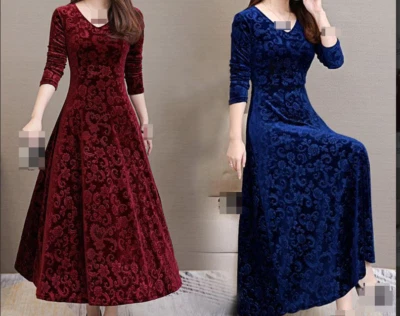 Women Long Sleeves V Neck Velvet Dress Evening Cocktail Party A Line Ball Gown - Image 1 of 4