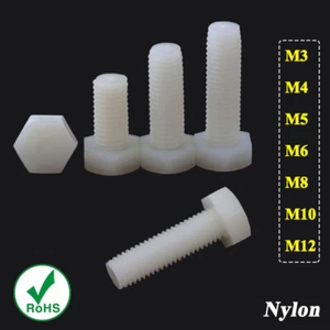M3/4/5/6/8/10/12 White Nylon Plastic Fully Threaded Hex Head Bolts Screws DIN933 - Picture 1 of 6