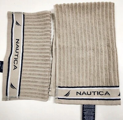 NAUTICA SIGNATURE TAUPE,TAN,BEIGE STRIPES COTTON BATH,HAND OR WASHCLOTH TOWEL - Image 1 of 3