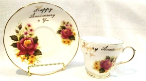 Herzogin "Happy Anniversary" Teetasse Untertasse Vintage rosa Rosen China England Goldrand - Bild 1 von 9