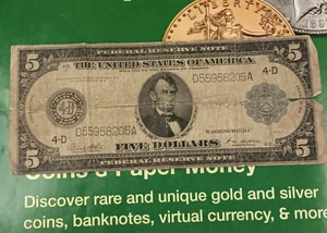 1914 $5 Dollar Federal Reserve Bank of Dallas Large Size Note TP-4617 - Picture 1 of 2