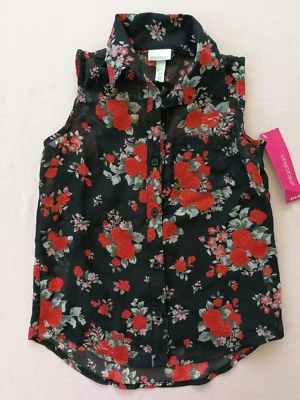 女童吊带内衬无袖纽扣玫瑰印花衬衫 Xhilaration BLK XS — 第 1/4 张图片