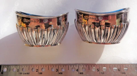 PAIR 1896 STERLING SILVER SALTS W HAND BLOWN PALE BLUE LINERS WM AITKIN CHESTER Cover