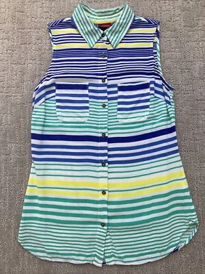 Sleeveless Button Up Pocket Shirt Striped Blue Green Yellow  Women's XS - Image 1 of 4