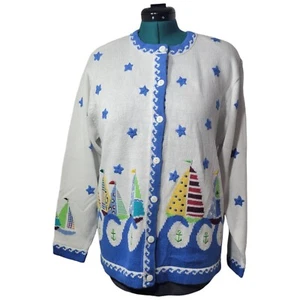 Quaker Factory Sailboat Nautical Star Cardigan Women Size M A56207 - Picture 1 of 11