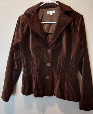 Joan Rivers Jacket Brown Velour Collared Buttons Waist Elastic Design Size Small Foto 1 de 4