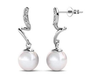 Cate & Chloe Ophelia Pearl Earrings 18k White Gold Plated w/ Swarovski Crystals - Picture 1 of 9