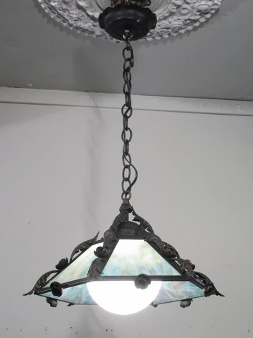 Antique Vintage Iron Slag Glass Pendant Light Fixture Lamp Blue 1 Lt.Petite Cover