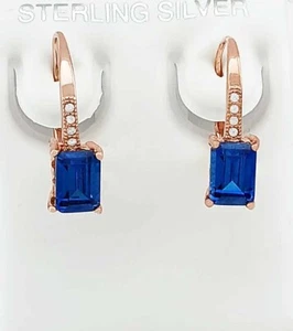 LAB CREATED 1.10 Cts BLUE TOPAZ & W/SAPPHIRE DANGLE EARRINGS .925 Silver (rose) - Picture 1 of 5