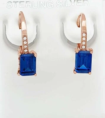 LAB CREATED 1.10 Cts BLUE TOPAZ & W/SAPPHIRE DANGLE EARRINGS .925 Silver (rose) - Image 1 of 4