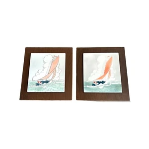 Vintage Sailboat Artwork by Shaw on Metal Tiles and Wood Frames Set of 2 - Picture 1 of 12