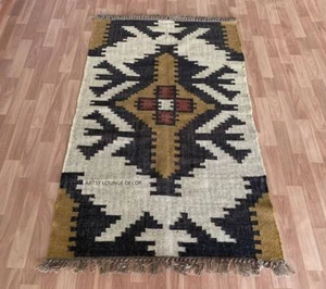 Navajo Kilim Rug Handmade Wool Jute Rug Aztec Accent Rustic Rug Outdoor Indoor - Picture 1 of 9
