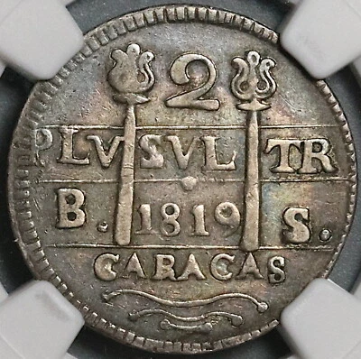 1819 NGC XF 40 Caracas 2 Reales Venezuela F7 Royalist Silver Coin (22032302C) - Image 1 of 4